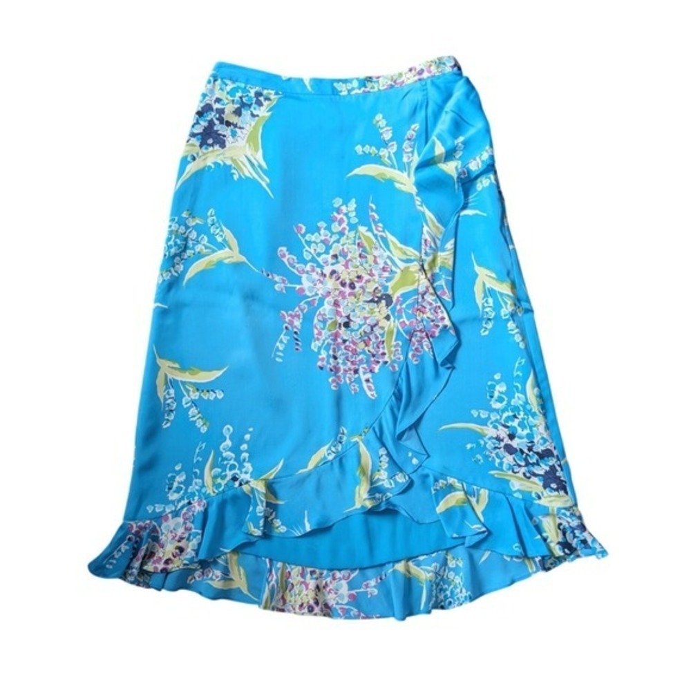 Vintage Y2K Eclectic Earthy Boho Aqua Blue Floral Ruffle Silk Midi Skirt